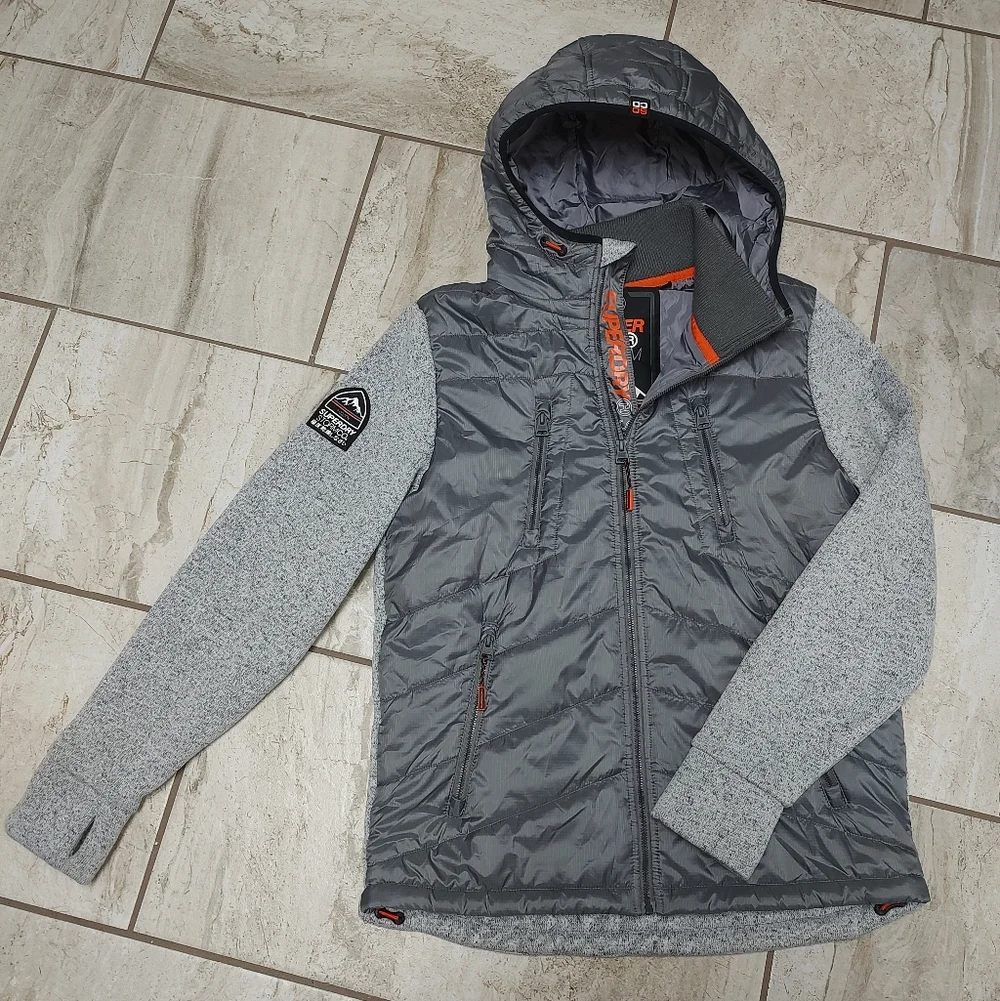 Superdry Kids Grey Hooded Hybrid Puffer Jacket with Orange Trim